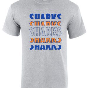 Springhurst Sharks Gray 2023 T shirt G8000 featuring the word "sharks" repeated in blue and orange wavy text, arrayed diagonally.