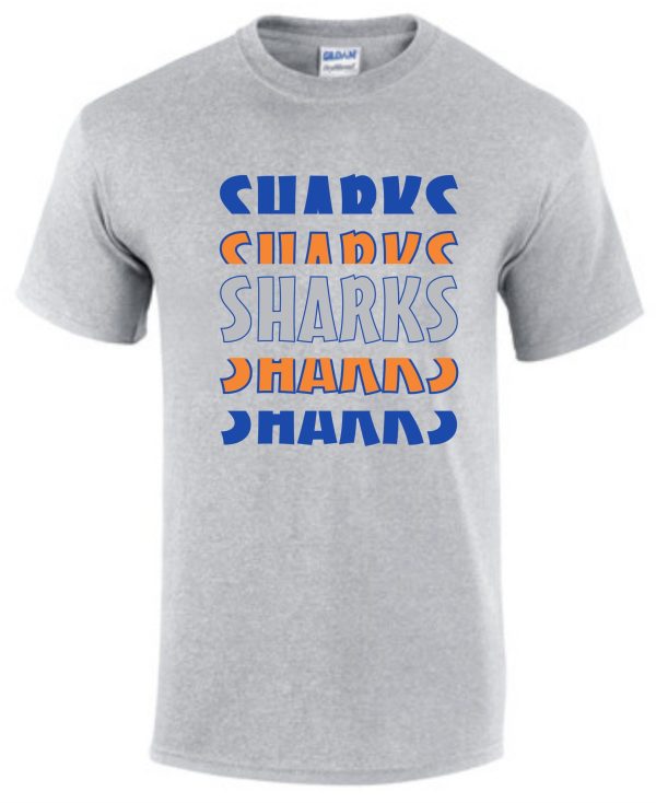 Springhurst Sharks Gray 2023 T shirt G8000 featuring the word "sharks" repeated in blue and orange wavy text, arrayed diagonally.