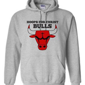 Gray Hoops For Christ Basketball Bulls Hooded sweatshirt G185 with a red bull logo on the front.