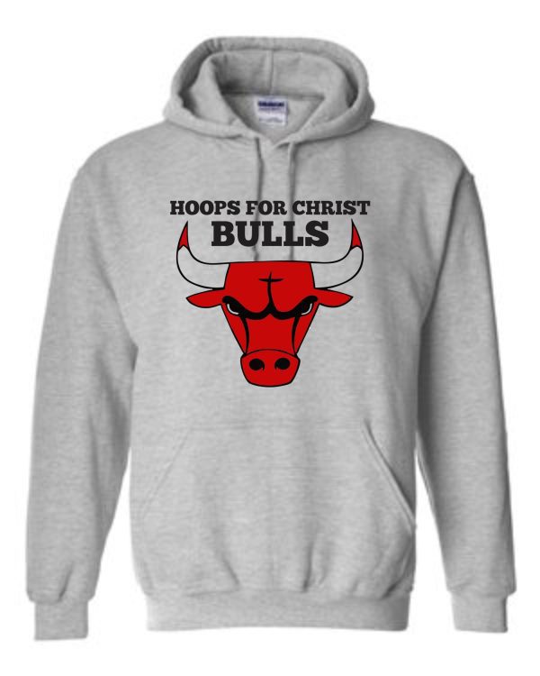 Gray Hoops For Christ Basketball Bulls Hooded sweatshirt G185 with a red bull logo on the front.