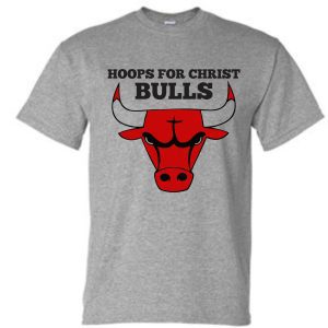 Gray Hoops For Christ Basketball Bulls T shirt G8000 with a red bull's head graphic on the front.