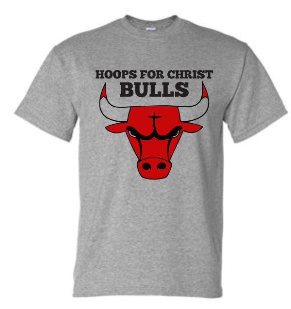 Gray Hoops For Christ Basketball Bulls T shirt G8000 with a red bull's head graphic on the front.