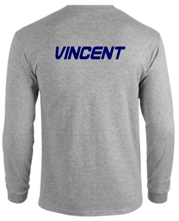 Derby City AC Sport Gray Long Sleeve cotton Tshirt G2400 with the name "vincent" printed in blue across the upper back.