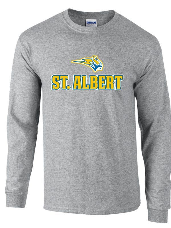 Gray long sleeve shirt with St. Albert logo.