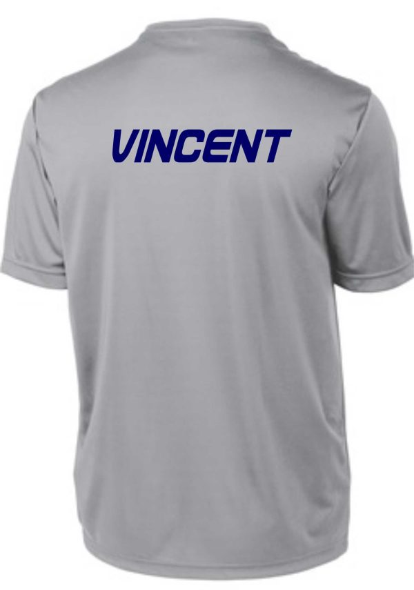 A Derby City AC PC380 Silver t-shirt viewed from the back with the name "vincent" printed in capital blue letters across the shoulders.