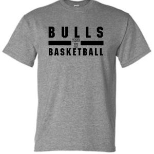 Gray Hoops For Christ Basketball words T-shirt G8000 with a graphical design of a basketball hoop above the text "bulls basketball" printed in black.