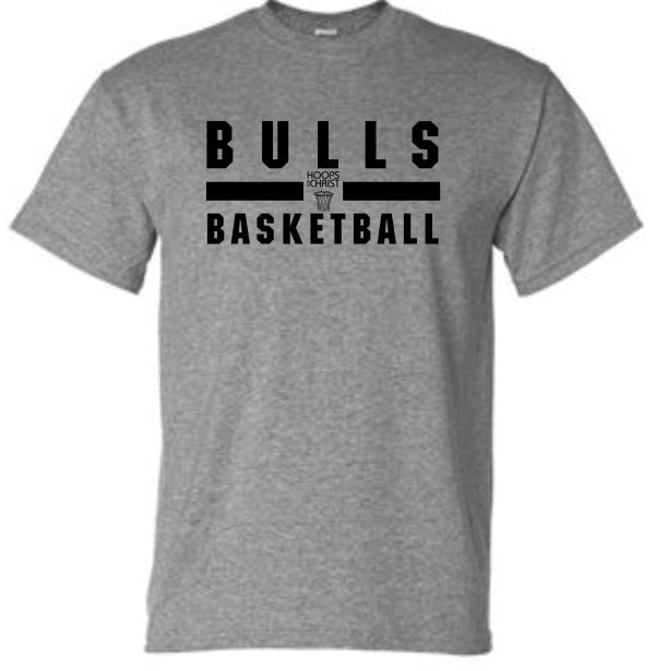 Gray Hoops For Christ Basketball words T-shirt G8000 with a graphical design of a basketball hoop above the text "bulls basketball" printed in black.