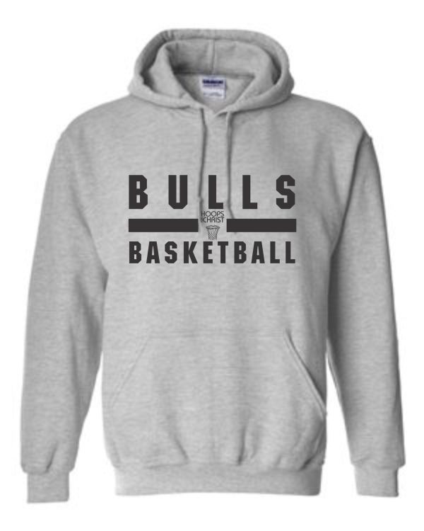 Hoops For Christ Basketball Words hooded sweatshirt G185 with "bulls basketball" printed in bold black letters on the front.