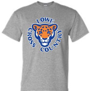 Lowe XC Sport Gray T shirt G8000 featuring a logo with a tiger's face and the words "lowe cross country" in blue and orange.