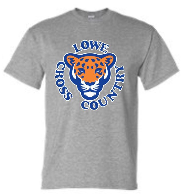 Lowe XC Sport Gray T shirt G8000 featuring a logo with a tiger's face and the words "lowe cross country" in blue and orange.