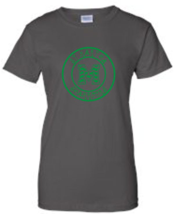 St Martha Shamrock Circled Chevron M Spirit T-shirt featuring a green circular logo with the text "stanford" and an illustration of a tree in the center.