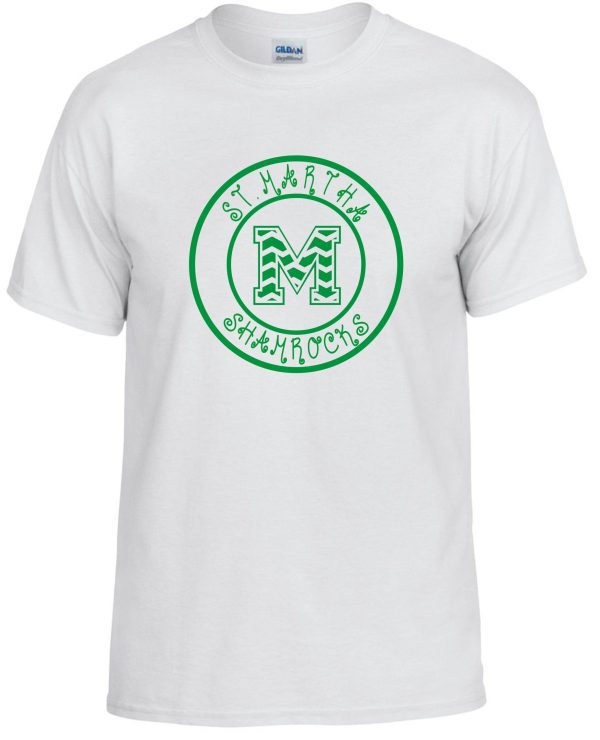 Plain white St Martha Shamrock Circled Chevron M Spirit T-shirt with a green "st. mark high shamrocks" emblem featuring a large letter 'm' in the center.