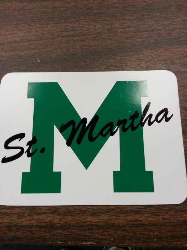 St. Martha green M on white sign.