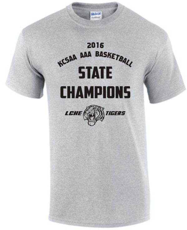 LCHE Tigers STATE CHAMPION Sport Gray T shirt G8000 with "2016 khsaa aaa basketball state champions lehe tigers" and a tiger graphic printed on the front.