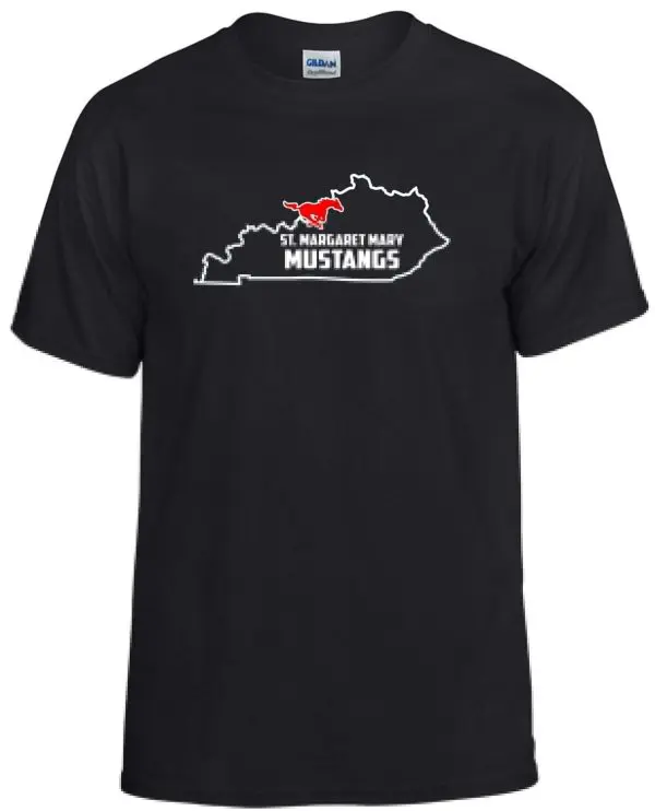 SMMSS Gildan Adult State cotton t shirt G5000 with a white outline of kentucky, logo, and text "st. margaret mary mustangs" in red and white.