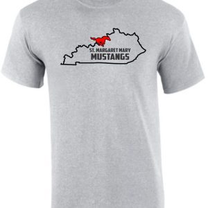 SMMSS Gildan Adult State cotton t-shirt G5000 featuring a map outline with "St. Margaret Mary Mustangs" text in red and black above the map.