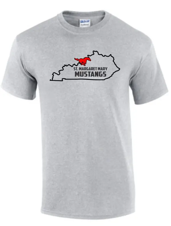 SMMSS Gildan Adult State cotton t-shirt G5000 featuring a map outline with "St. Margaret Mary Mustangs" text in red and black above the map.