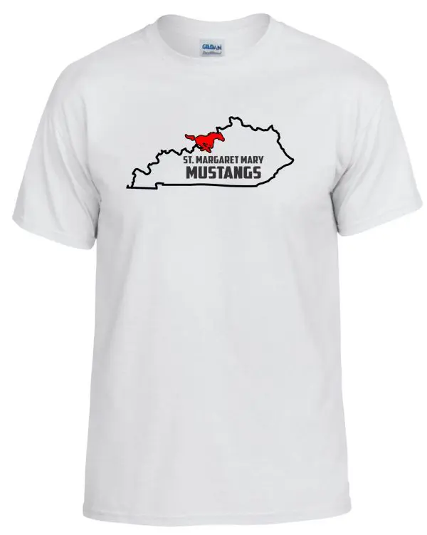 SMMSS Gildan Adult State cotton t shirt G5000 with "st. margaret mary mustangs" text and a red mustang logo superimposed on a kentucky state outline.