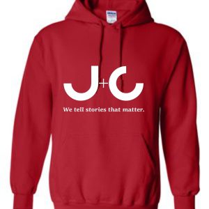 Red hoodie with white J+C logo.