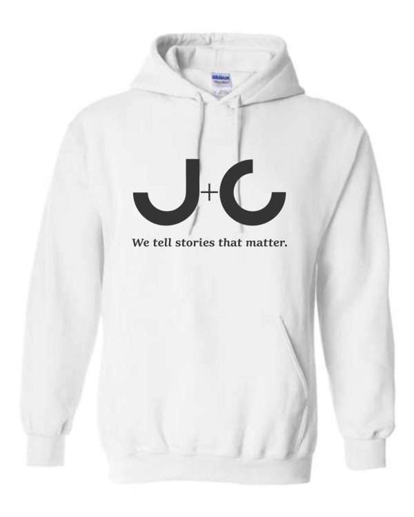 White hoodie with J+C logo and slogan.