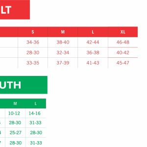 Augusta Sportswear garments size and fit guide split into two sections labeled "adult" in red and "youth" in green, detailing sizes s to xl with corresponding chest, waist, and hip measurements in inches.