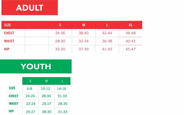 Augusta Sportswear garments size and fit guide split into two sections labeled "adult" in red and "youth" in green, detailing sizes s to xl with corresponding chest, waist, and hip measurements in inches.