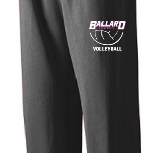 Black Ballard Volleyball Bruins spirit sweatpants with a drawstring waist, featuring a logo that reads “ballard volleyball” with a stylized volleyball graphic on the upper left thigh.