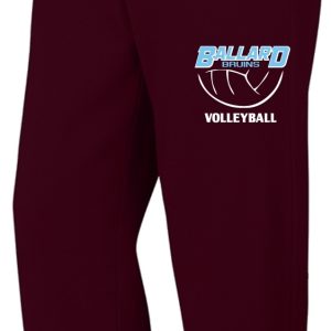 Maroon athletic sweatpants with "Ballard Volleyball" and a volleyball graphic printed on the left thigh.