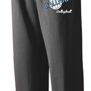 Black Ballard Volleyball spirit sweatpants with a drawstring waist and the "ballard volleyball" logo printed in blue and white on the upper left thigh.