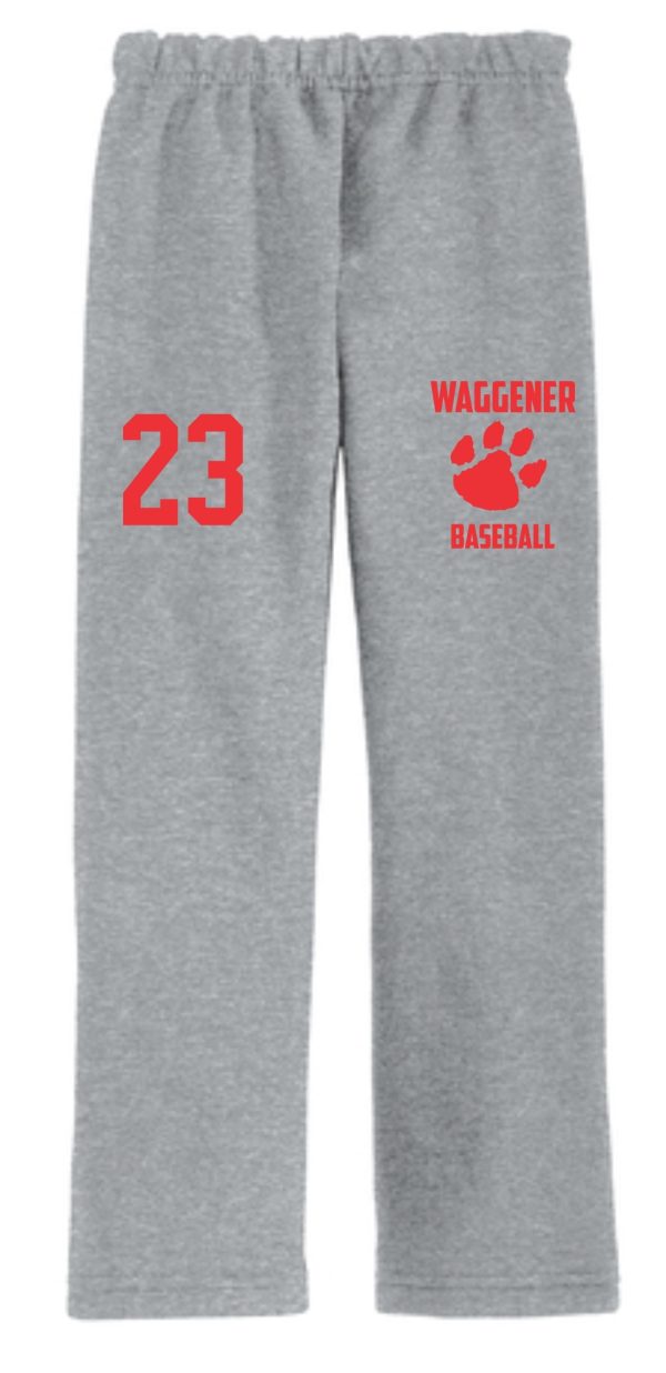 2023 Waggener Baseball Open Bottom sweatpants G18400 with "23" in red on the left thigh and "waggener baseball" with a red paw print logo on the right thigh.