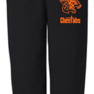 Sentence with Product Name: Louisville Cheetahs elastic bottom sweatpants G182 with an orange logo of a cheetah and the text "cheetahs" on the upper left thigh.