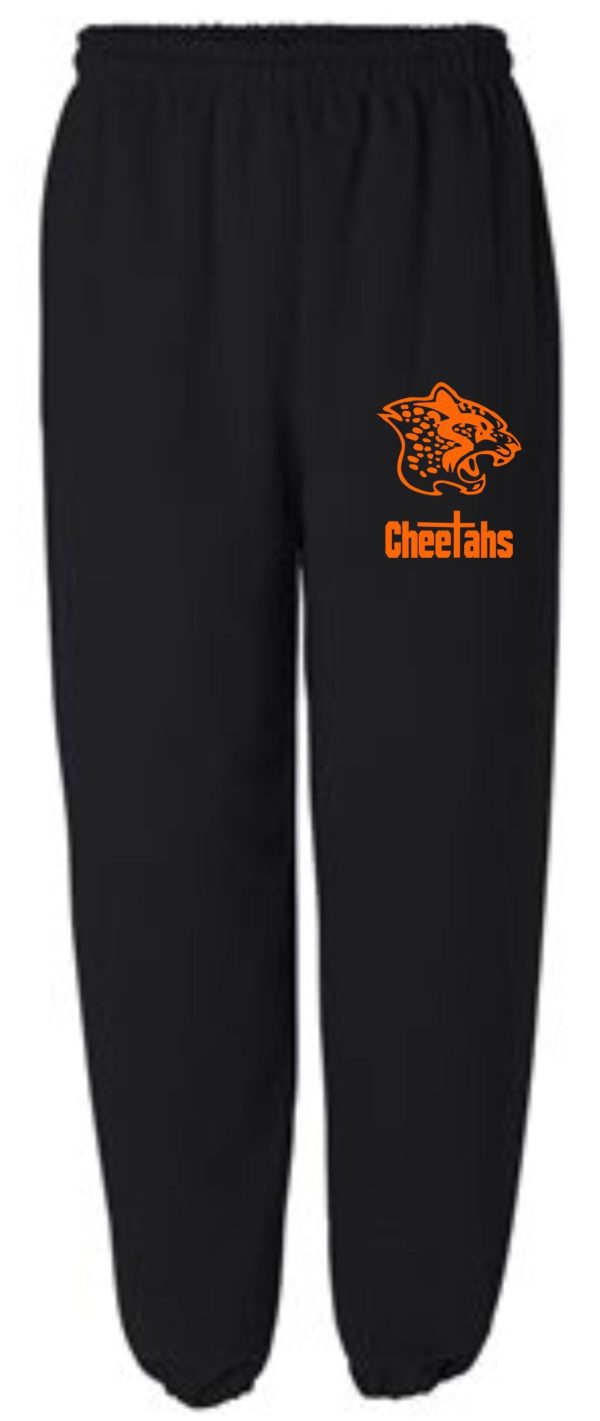 Sentence with Product Name: Louisville Cheetahs elastic bottom sweatpants G182 with an orange logo of a cheetah and the text "cheetahs" on the upper left thigh.