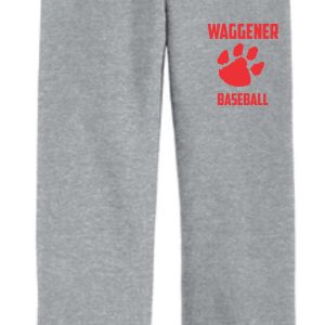 2023 Waggener Baseball Open Bottom sweatpants G18400 with elastic waist, featuring a red "waggener baseball" logo and a baseball graphic on the upper left leg.