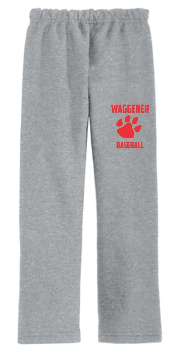 2023 Waggener Baseball Open Bottom sweatpants G18400 with elastic waist, featuring a red "waggener baseball" logo and a baseball graphic on the upper left leg.