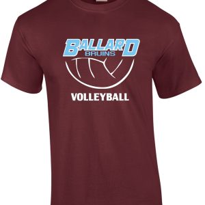 Maroon Ballard Volleyball spirit t shirt G8000 with the "ballard bruins volleyball" logo in blue and white across the chest.