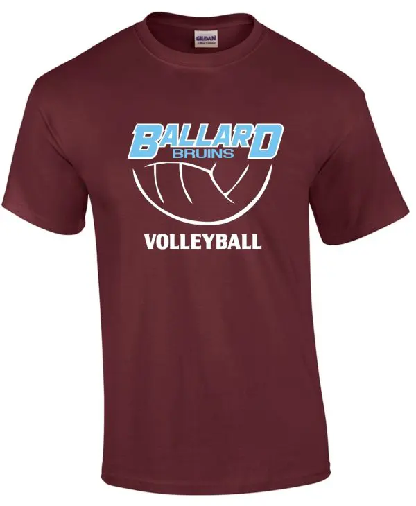 Maroon Ballard Volleyball spirit t shirt G8000 with the "ballard bruins volleyball" logo in blue and white across the chest.