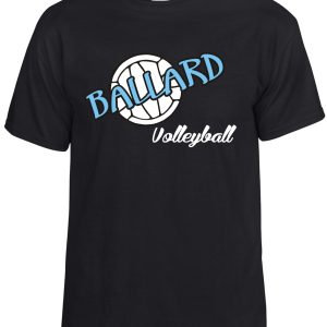 Ballard Volleyball spirit t shirt with ball G8000 with "ballard volleyball" logo featuring a stylized volleyball graphic in white and blue.