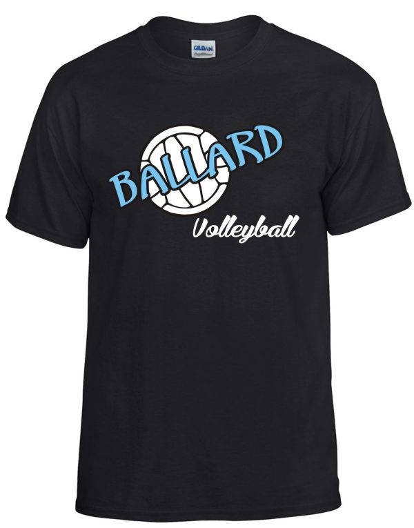 Ballard Volleyball spirit t shirt with ball G8000 with "ballard volleyball" logo featuring a stylized volleyball graphic in white and blue.