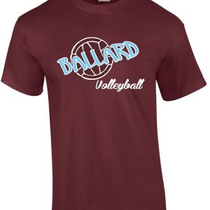 Maroon Ballard Volleyball spirit t-shirt with "ballard volleyball" printed in white and light blue script enclosed in a circular design.