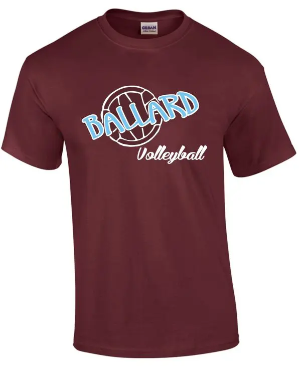 Maroon Ballard Volleyball spirit t-shirt with "ballard volleyball" printed in white and light blue script enclosed in a circular design.