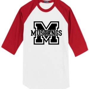 SMMSS SportTek Colorblocked M Mustang Baseball jersey T200 with the word "mustangs" and a large letter "m" logo on the front.