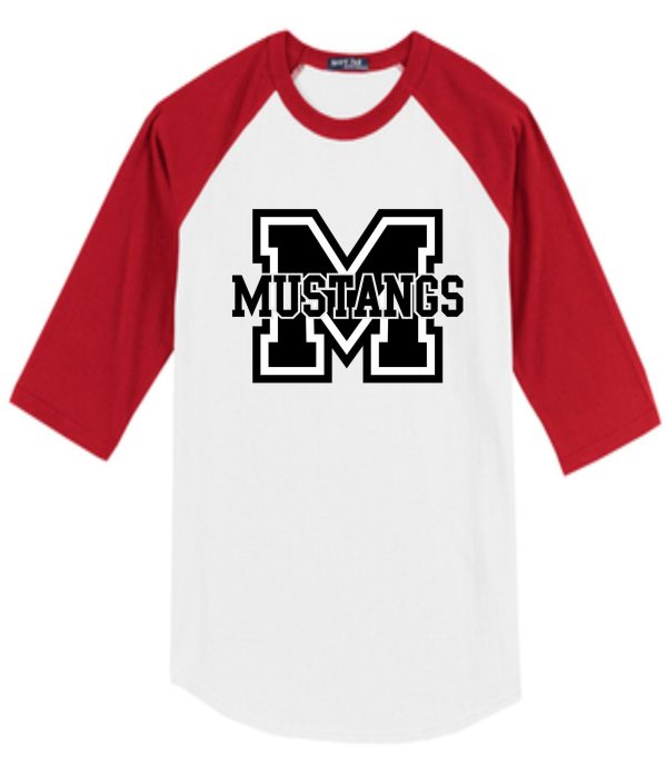 SMMSS SportTek Colorblocked M Mustang Baseball jersey T200 with the word "mustangs" and a large letter "m" logo on the front.