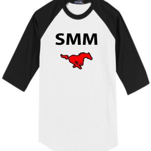 Black and white SMMSS SportTek MENS Mustangs raglan sleeve Baseball jersey T200 with the logo "smm" and a red buffalo graphic on the front.