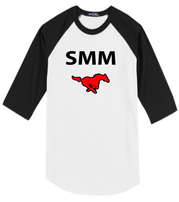 Black and white SMMSS SportTek MENS Mustangs raglan sleeve Baseball jersey T200 with the logo "smm" and a red buffalo graphic on the front.