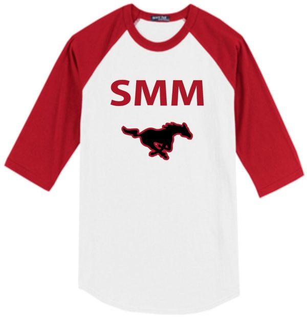 White and red baseball shirt with SMM logo.