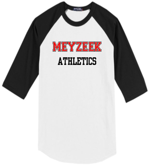 Black and white raglan t-shirt with "Meyzeek Athletics Baseball style 3/4 sleeve t-shirt T200" printed in red and black on the front.