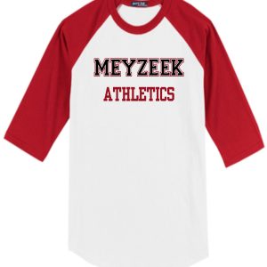 Meyzeek Athletics Baseball style 3/4 sleeve t-shirt T200 with "meyzeek athletics" printed in bold letters across the chest.