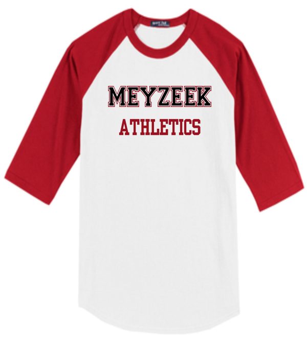 Meyzeek Athletics Baseball style 3/4 sleeve t-shirt T200 with "meyzeek athletics" printed in bold letters across the chest.