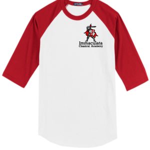 White and red Immaculata Red white 3/4 sleeve t-shirt T200 with "immaculata classical academy" and a knight mascot logo on the front.