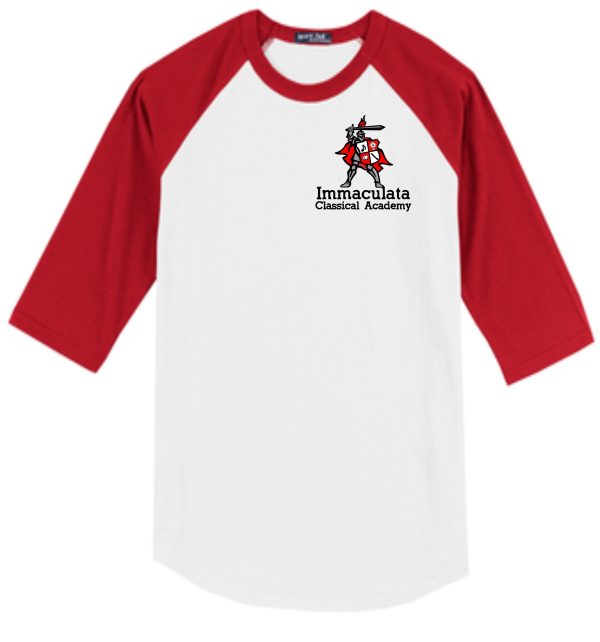 White and red Immaculata Red white 3/4 sleeve t-shirt T200 with "immaculata classical academy" and a knight mascot logo on the front.